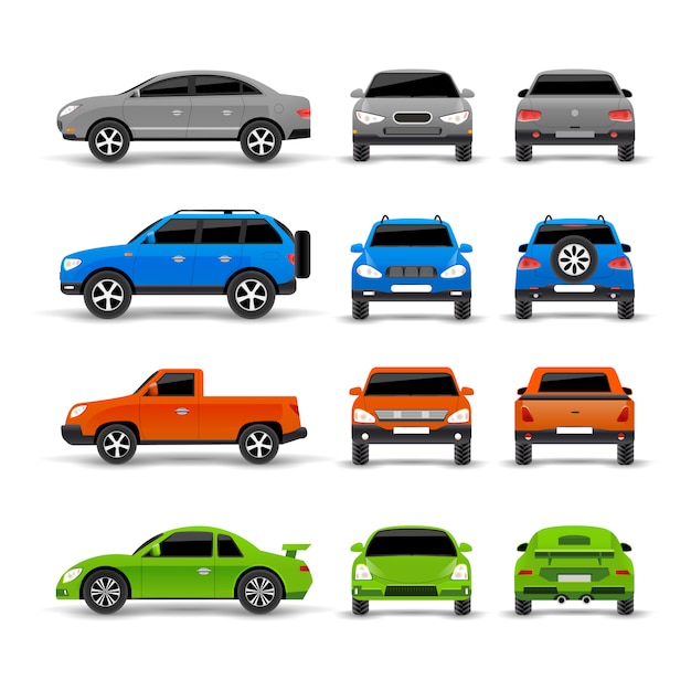 Gratis vector auto's zij-voor- en achterkant icons set