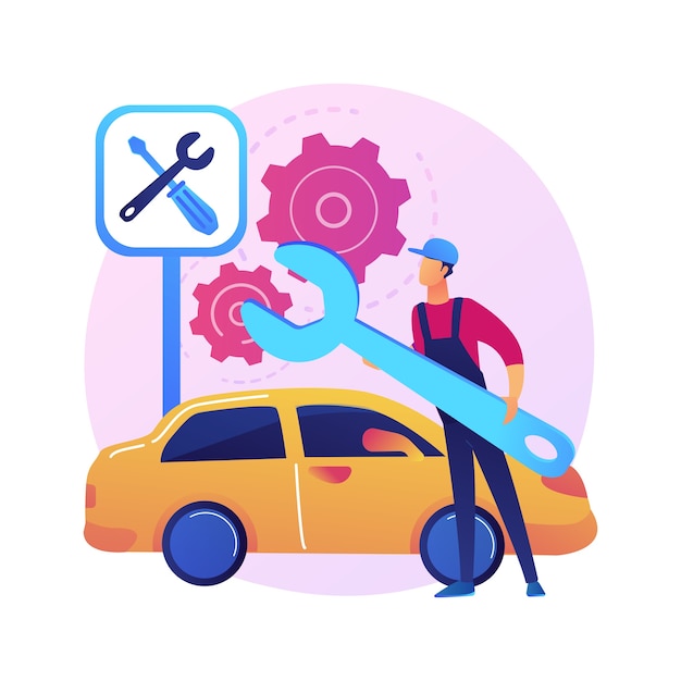 Auto service abstract concept illustratie. Autoreparatiewerkplaats, auto-detaillering en -onderhoud, auto-reparatieservice, motordiagnostiek, transportherstel.