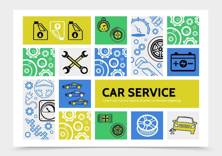 Gratis Vector auto service infographic sjabloon met olie remschijf snelheidsmeter batterij moersleutels band stuurwiel