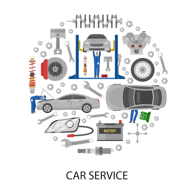 Auto service rond ontwerp met auto-mechanica werktuigen machine details