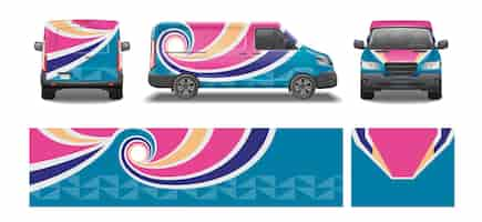 Gratis vector auto van mockup livery wrap ontwerp realistische set van geïsoleerde hoekweergaven van auto en branding vectorillustratie