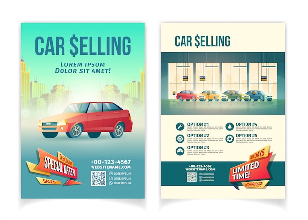 Auto verkopen beperkte tijd speciale aanbieding cartoon reclamefolder, promotie poster sjabloon
