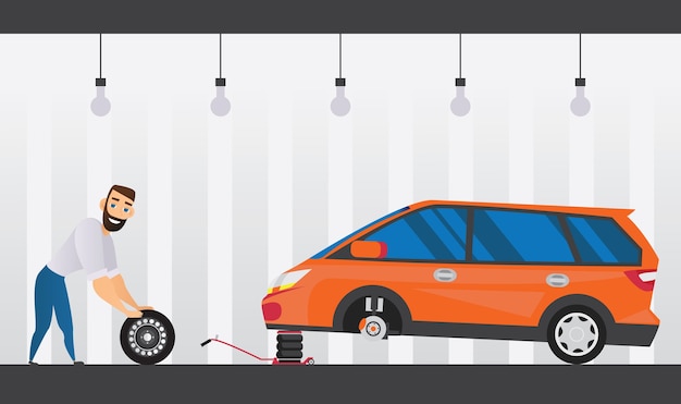 Autodienst vlakke samenstelling met technicus die het wiel verwisselt