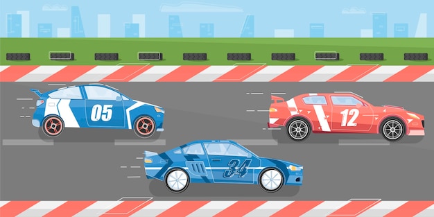 Gratis vector autorace-achtergrond met racebaan en auto's plat