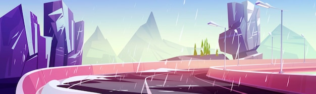 Autoweg in de bergen in de winter. vector cartoon landschap van rotsen en snelweg met straatlantaarns en betonnen hekwerk. illustratie van viaductweg met cementbarrière en sneeuw