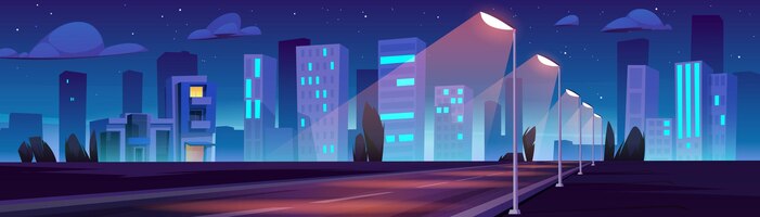 Gratis vector autoweg met straatverlichting en stad 's nachts