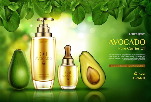 Avocado cosmetica olie. bioproductenflessen met pomp en druppelbuisje op groen met boombladeren.