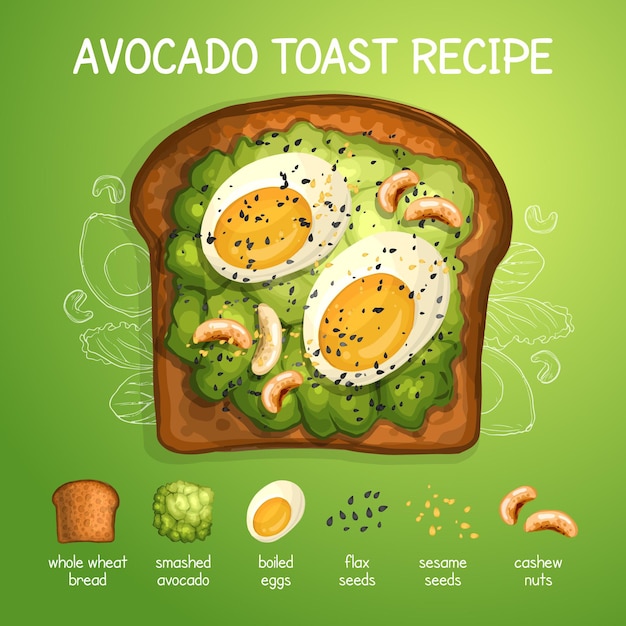 Gratis vector avocado toast recept geïllustreerd