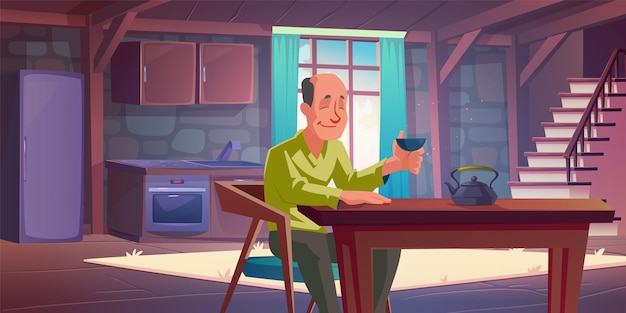 Aziatische man thee drinken in de ochtendkeuken vector cartoon illustratie van eetkamer interieur met oude meubels mannelijke karakter aan tafel zitten met kopje in de hand en glimlachend alleen ontbijten