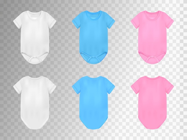 Baby bodysuit realistische kleurrijke transparante set met comfortabele kleding geïsoleerde vectorillustratie