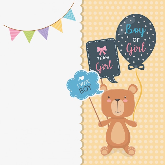 Gratis vector baby douchekaart met kleine beer teddy en ballonnen helium