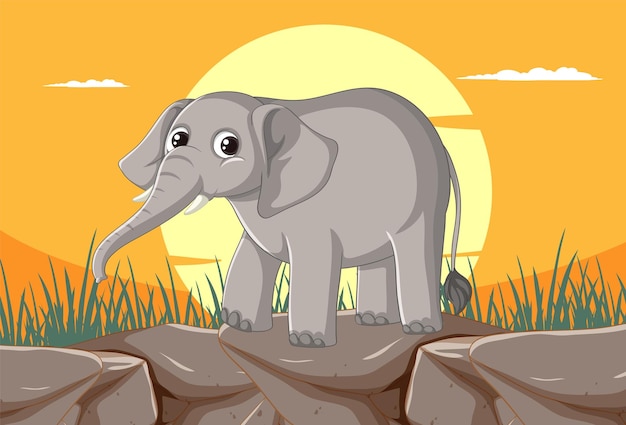 Gratis vector baby-olifant bij zonsondergang in savannah