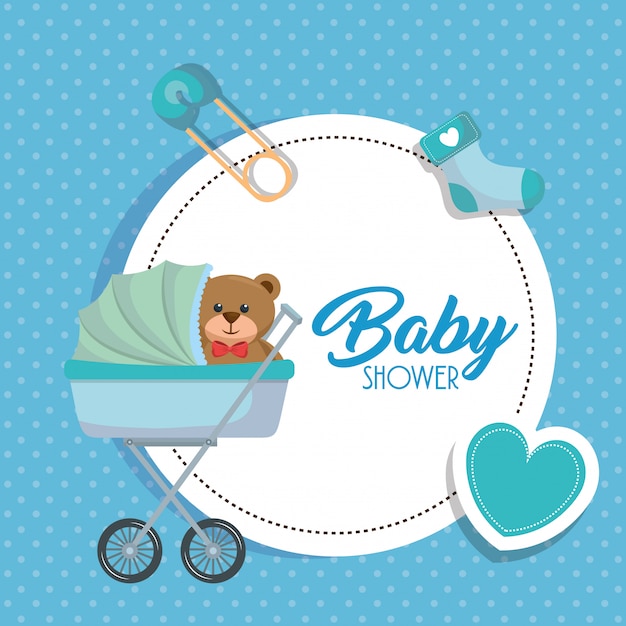 baby shower kaart met beer teddy in kar