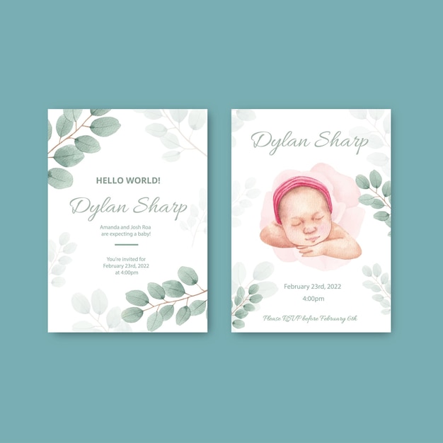Baby shower kaartsjabloon met pasgeboren baby concept, aquarel stijl Gratis Vector