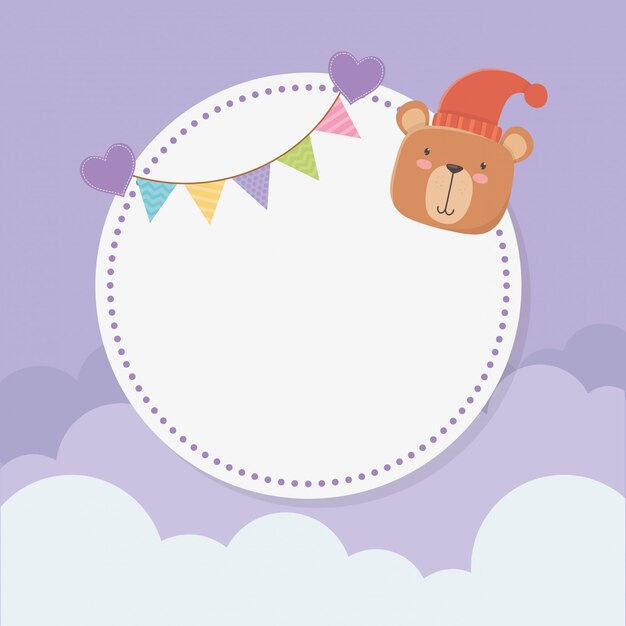 Baby shower ronde kaart met beer teddy en slingers