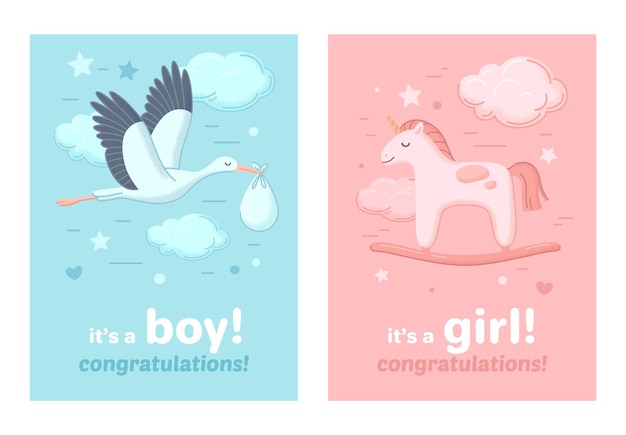 Baby shower uitnodigingskaart set voor jongen en meisje geboorte geïsoleerde vector illustratie