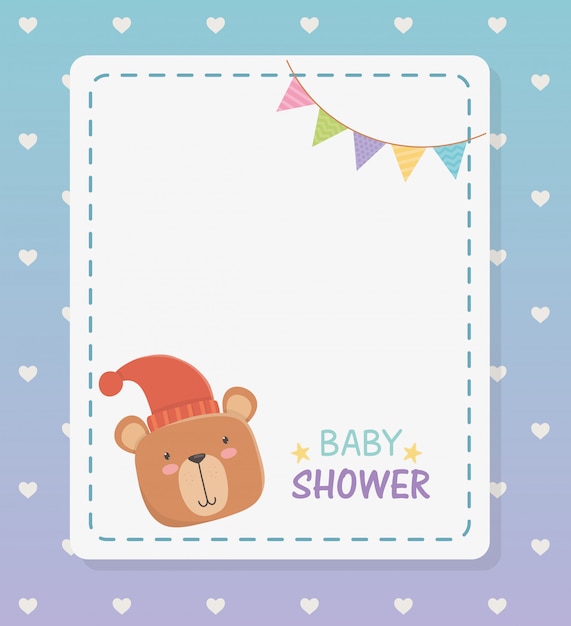 Baby shower vierkante kaart met kleine beer teddy en slingers