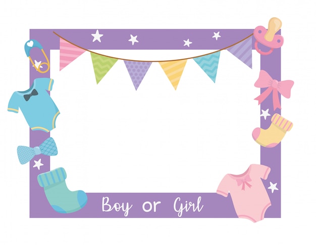 Gratis vector babydouchekaart met vierkant frame en accessoires