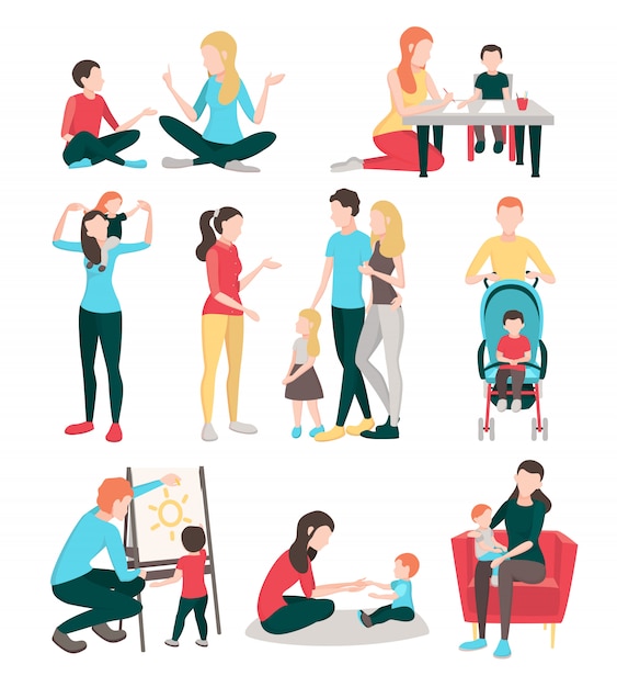 Gratis vector babysitters mensen platte afbeeldingen collectie met geïsoleerde menselijke personages