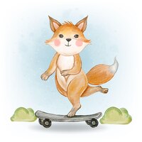 Gratis vector babyvos schattig skateboard aquarel spelen