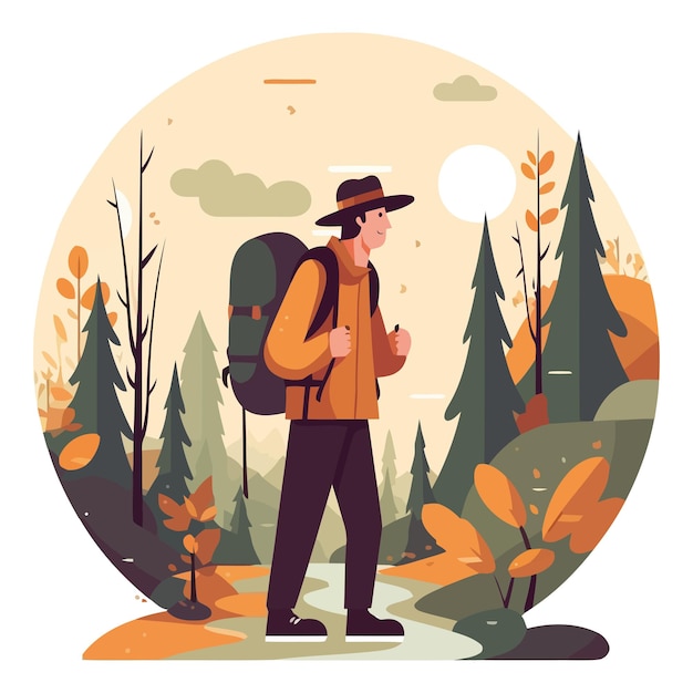 Gratis vector backpacker wandelen door bos genieten van de natuur