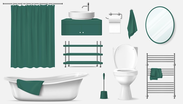 Gratis vector badkamer interieur elementen realistische set van bad wastafel toiletpot toiletpapier spiegel handdoek geïsoleerde vectorillustratie