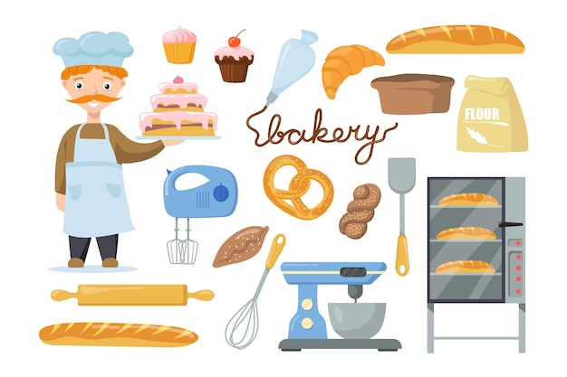 Gratis vector baker-personage met uitrusting voor kinderillustratie