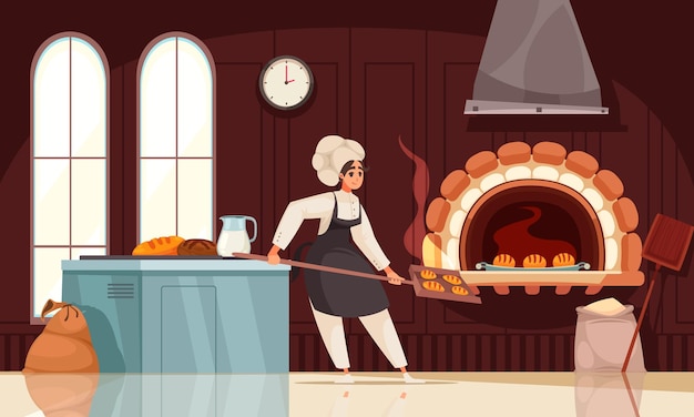 Gratis vector baker platte poster met vrouw in chef-kok hoed en schort die brood introduceert in klassieke oven cartoon vectorillustratie