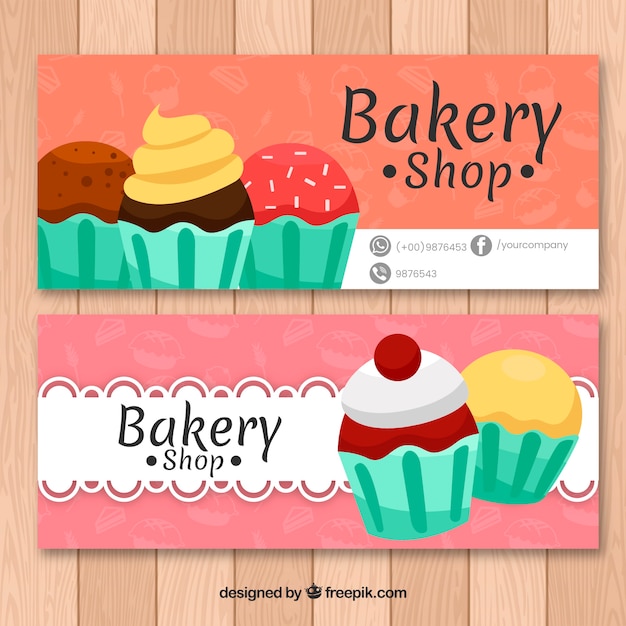 Gratis vector bakkerij banners met cakejes in vlakke stijl