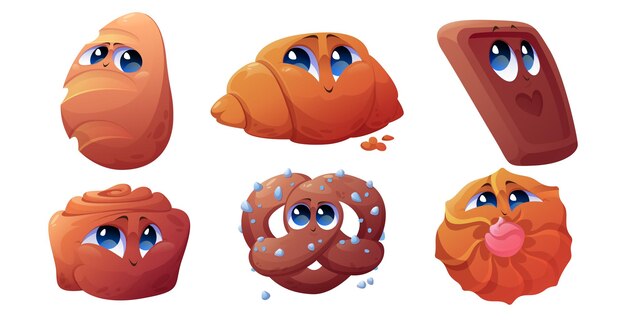 Gratis vector bakkerij stripfiguren, vrolijke croissant, broodje, cinnabon en chocoladekoekje met pretzel grappige mascottes. zoetwaren leuke vrolijke zoete dessertpersonages, gelukkig gebakken voedsel geïsoleerde vectorreeks