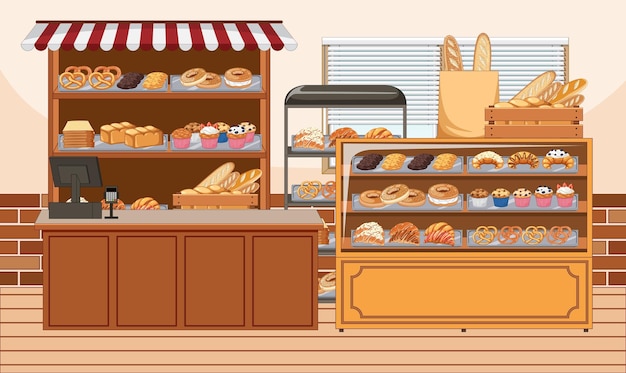 Gratis vector bakkerij winkel interieur met bakkerij showcase