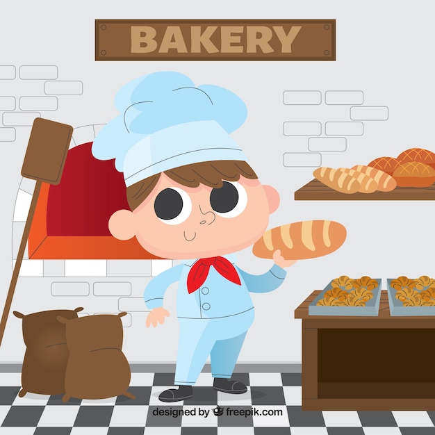 Gratis vector bakkerijachtergrond met bakker in vlakke stijl