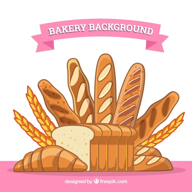 Gratis vector bakkerijachtergrond met brood en tarwe