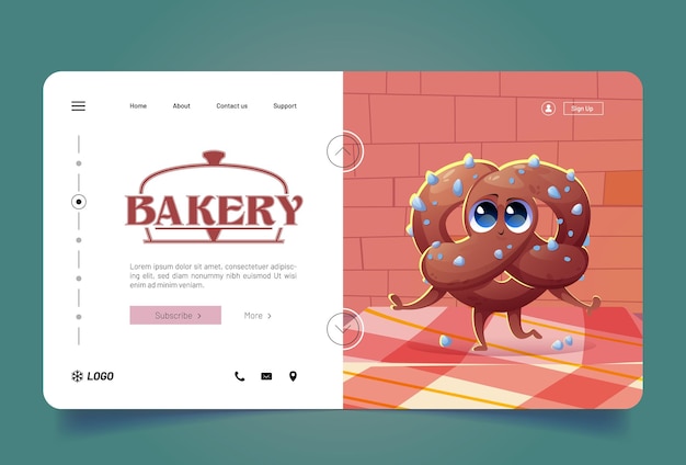 Bakkerijbanner met schattig krakelingkarakter op tafel vectorlandingspagina van bakkerijwinkel met cartoonillustratie van gelukkige bretzel duitse bak met zout in café of winkel