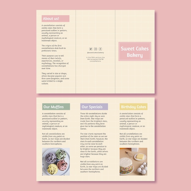 Gratis vector bakkerijbrochure met schattige pastelkleurige taarten