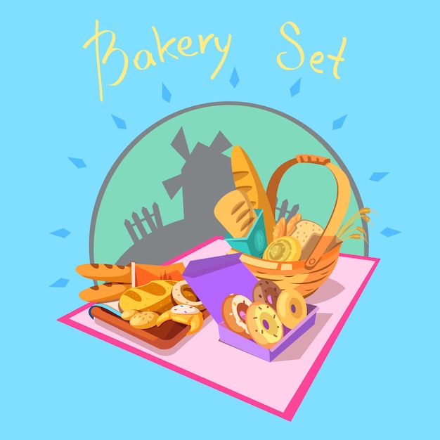 Bakkerijconcept met gebakje en brood en windmolen op retro achtergrondbeeldverhaal