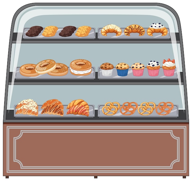 Gratis vector bakkerijvitrine met patisserieproducten