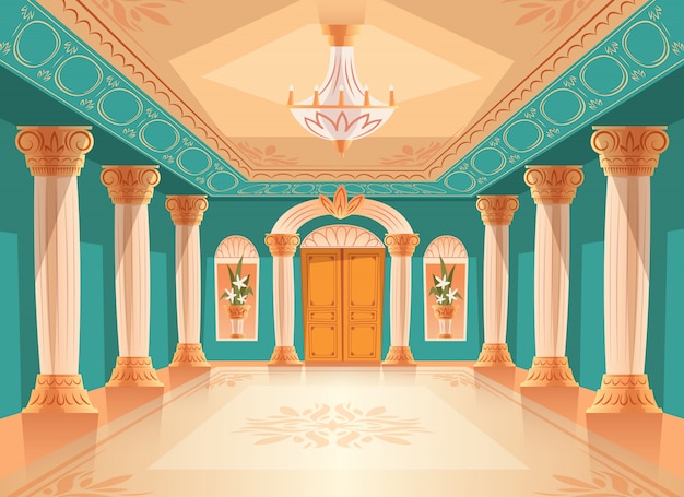 Gratis vector balzaal of paleis ontvangsthal illustratie van luxe museum of kamer kamer.