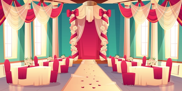 Banketzaal, balzaal in kasteel klaar voor huwelijksceremonie cartoon vector interieur versierde bloem