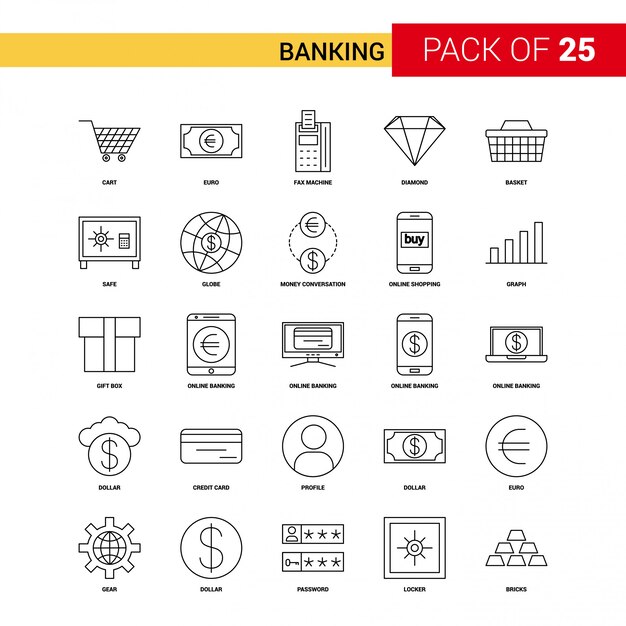 Banking Black Line Icon - 25 zakelijke overzicht Icon Set