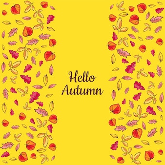Banner hallo herfst met hand getrokken gekleurde bladeren geïsoleerd op gele achtergrond. kalligrafiebrief en seizoensgebonden gouden vallende boomdetails. seizoen thema kaart mockup vector platte illustratie