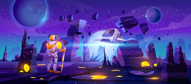 Gratis vector banner met astronaut op buitenaardse planeet en vliegend ruimteschip