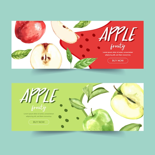 Gratis vector banner met groen en verschillende soorten appelconcept, kleurrijk thema illustratiemalplaatje.