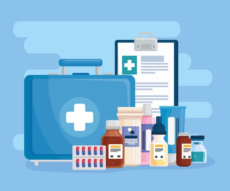 Gratis Vector banner met medische kit en medicijnpictogrammen