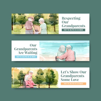 Bannermalplaatje met het conceptontwerp van de nationale grootoudersdag voor brochure en folderwaterverf.