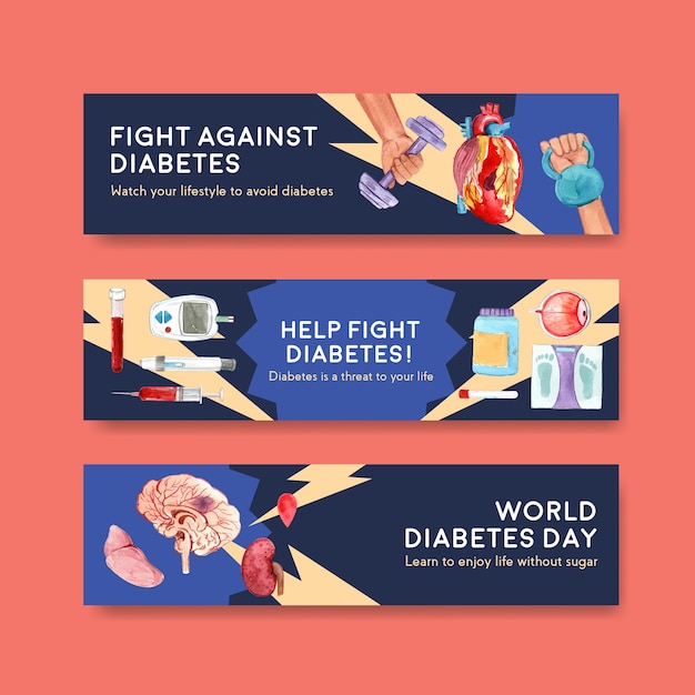 Bannermalplaatje met het conceptontwerp van de werelddiabetesdag voor adverteren en marketing van waterverf vectorillustratie.