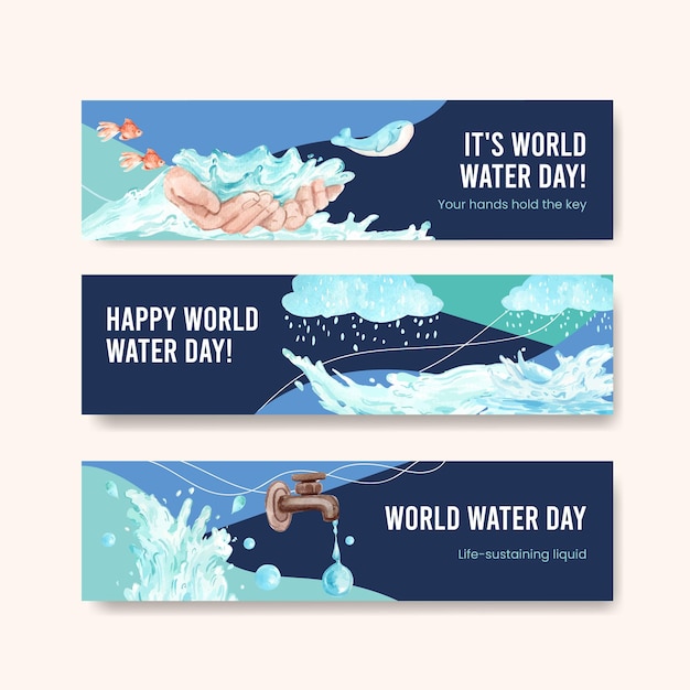 Gratis vector bannermalplaatje met het conceptontwerp van de wereldwaterdag voor adverteren en marketing van waterverfillustratie