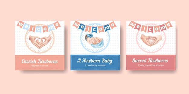 Bannermalplaatje met pasgeboren babyconcept, waterverfstijl