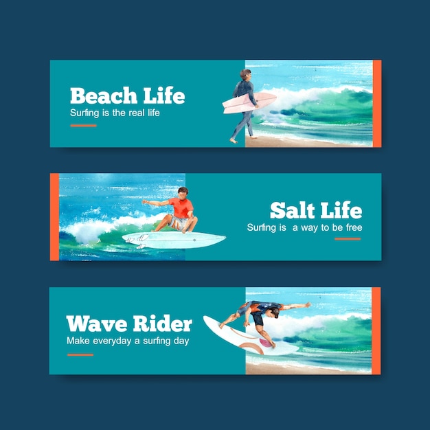 Bannermalplaatje met surfplanken bij strandontwerp voor tropische de zomervakantie en ontspanning aquarel vectorillustratie