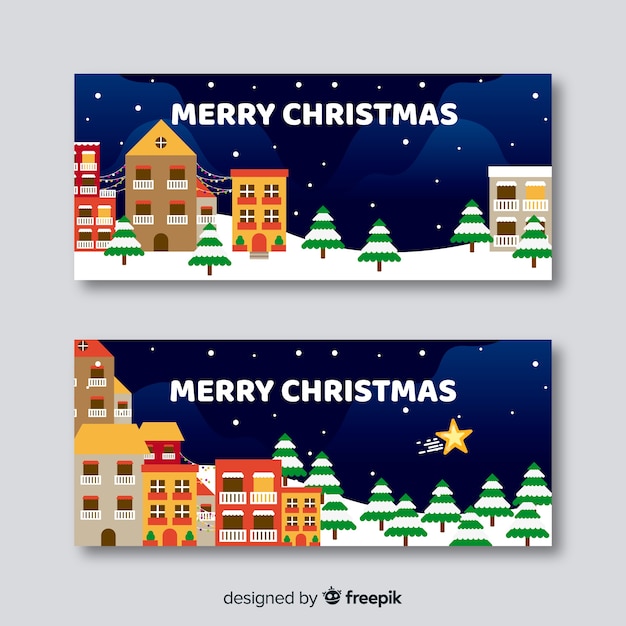 Banners in vlakke stijl met kerststad